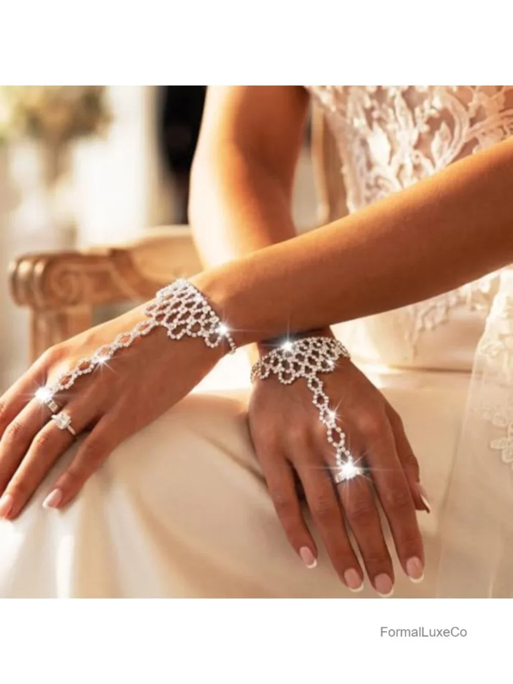 Fingerless Rhinestone Glitter Bridal Hand Chain Gloves Women
